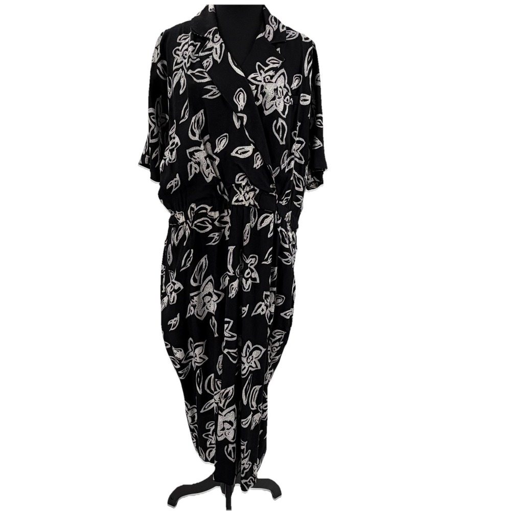 Vintage 80s Together Dress‎ 14 Black Floral Rayon Dolman Draped Midi Avant Garde